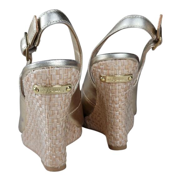 Lilly Pulitzer Kristen Gold Metallic Peep‎ Toe Sling Back Wedge Sandals Sz 7 - Picture 8 of 11